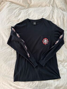 Obey Black Long Sleeve Pocket Tee with Red & White Spider Web Motif